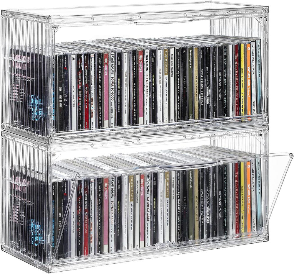 2-Pack Clear CD Storage Box, Stackable CD Case Holder with Full-View Design, Har