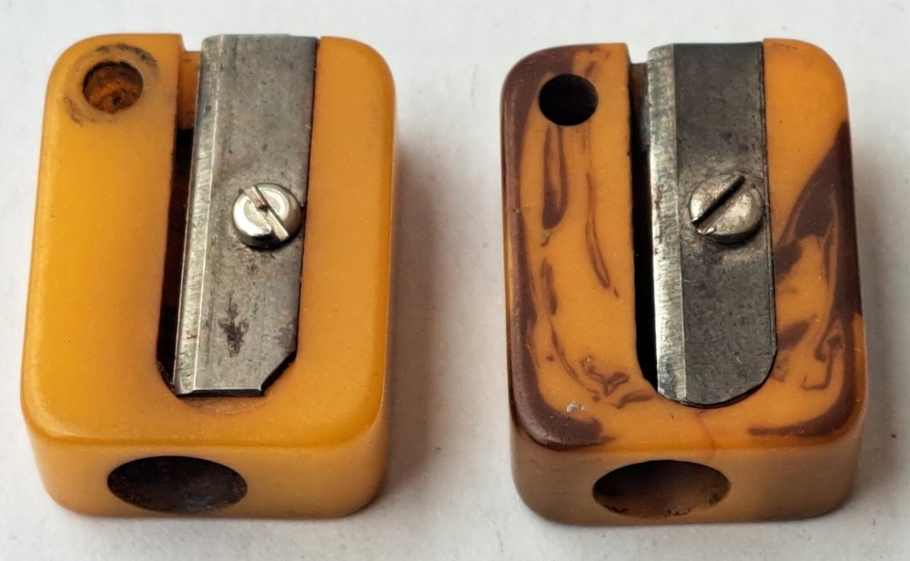 Vintage Pair 1940s Yellow Bakelite Rectangular Handheld Pencil Sharpeners