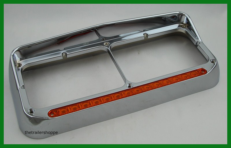 Chrome 14 LED Amber Plastic Dual Rectangular Headlight Bezel with Visor -1 Set