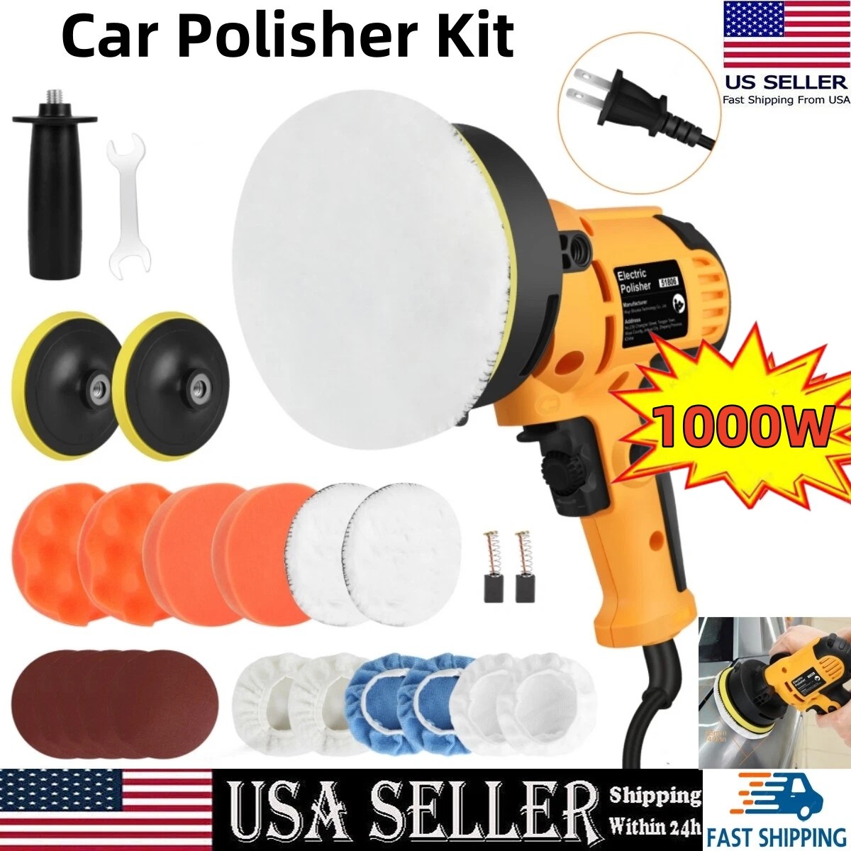 1000W Car Polisher Buffer Sander Polishing Machine Kit Waxing with 5" Pad Bonnet