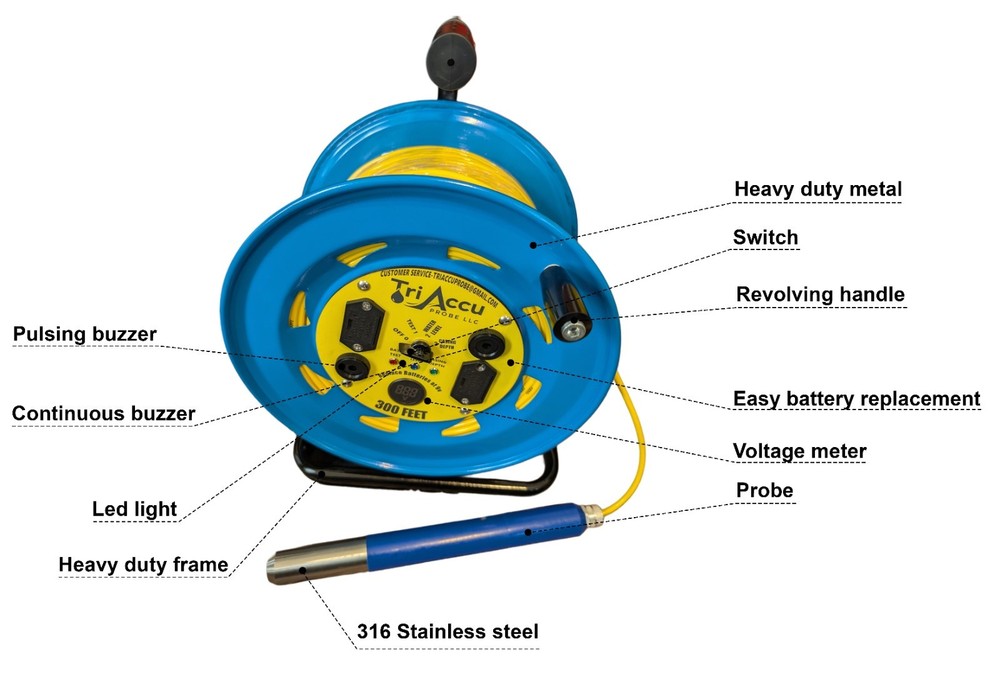 Tri Accu Probe 300ft  Static Water Level, Casing Depth/& Total Well Depth Meter