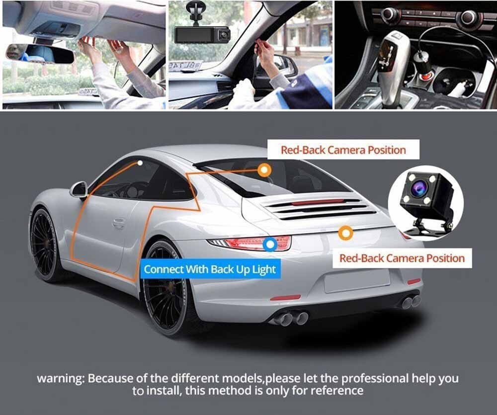 Three Lens Car Interior Dash Camera HD 1080P DVR Video Recorder Loop Recording