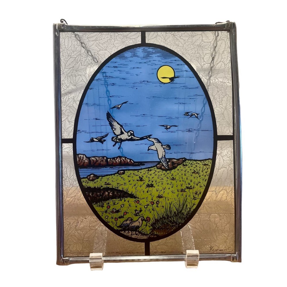 Sun Catcher Glass Wall Window Decor Seagull Ocean Island Signed Hand Made EUC