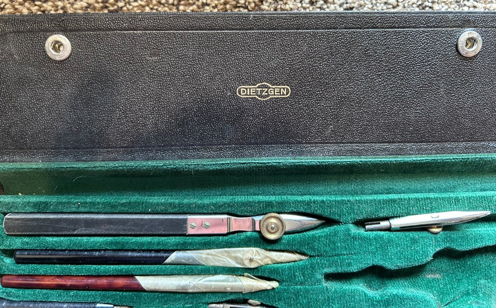 Vintage Drafting Tools Lot Triangles Templates Compass Slide Rule w/ Box