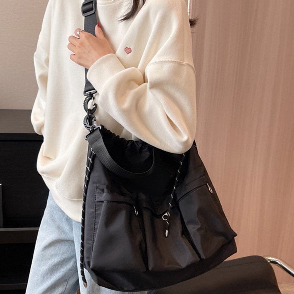 Functional Nylon Shoulder Bucket Bag with Drawstring and 3 Small Pockets