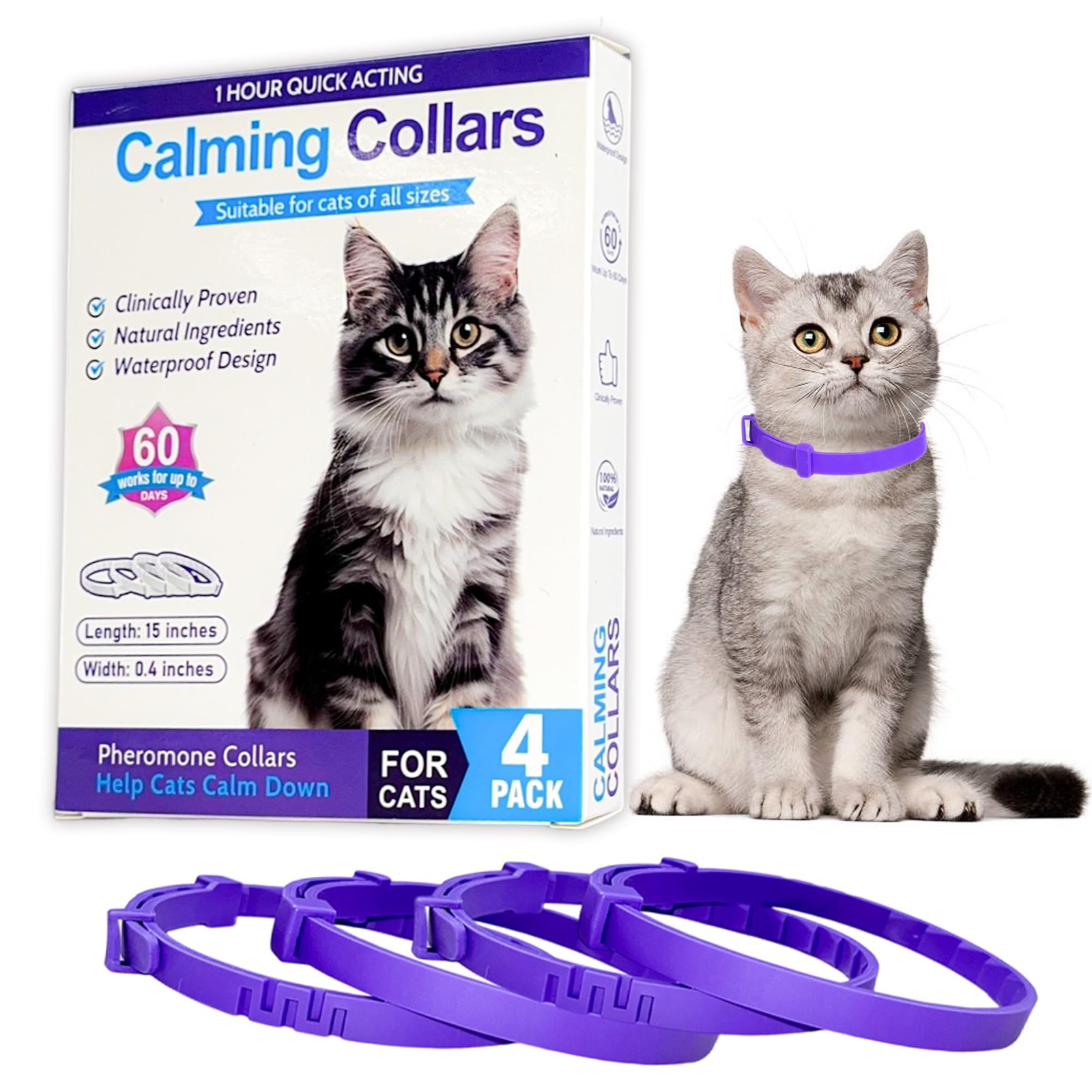 Minasuki 4 Pack Calming Collar for Cats - Long-Lasting Anxiety & Purple