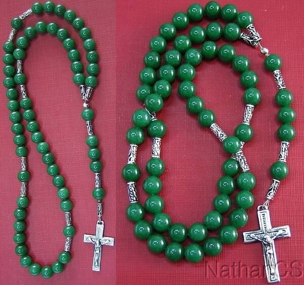 CATHOLIC ROSARY GREEN JADE & STERLING SILVER