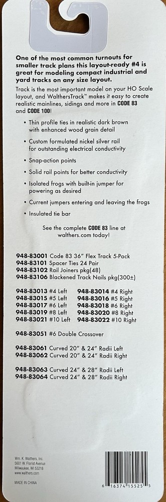 Walthers HO 948-83013 Code 83 #4 Left Hand DCC Friendly Turnout NEW