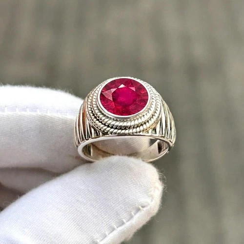 925 Silver Men Round Ruby Statement Ring Bohemian Style Jewelry