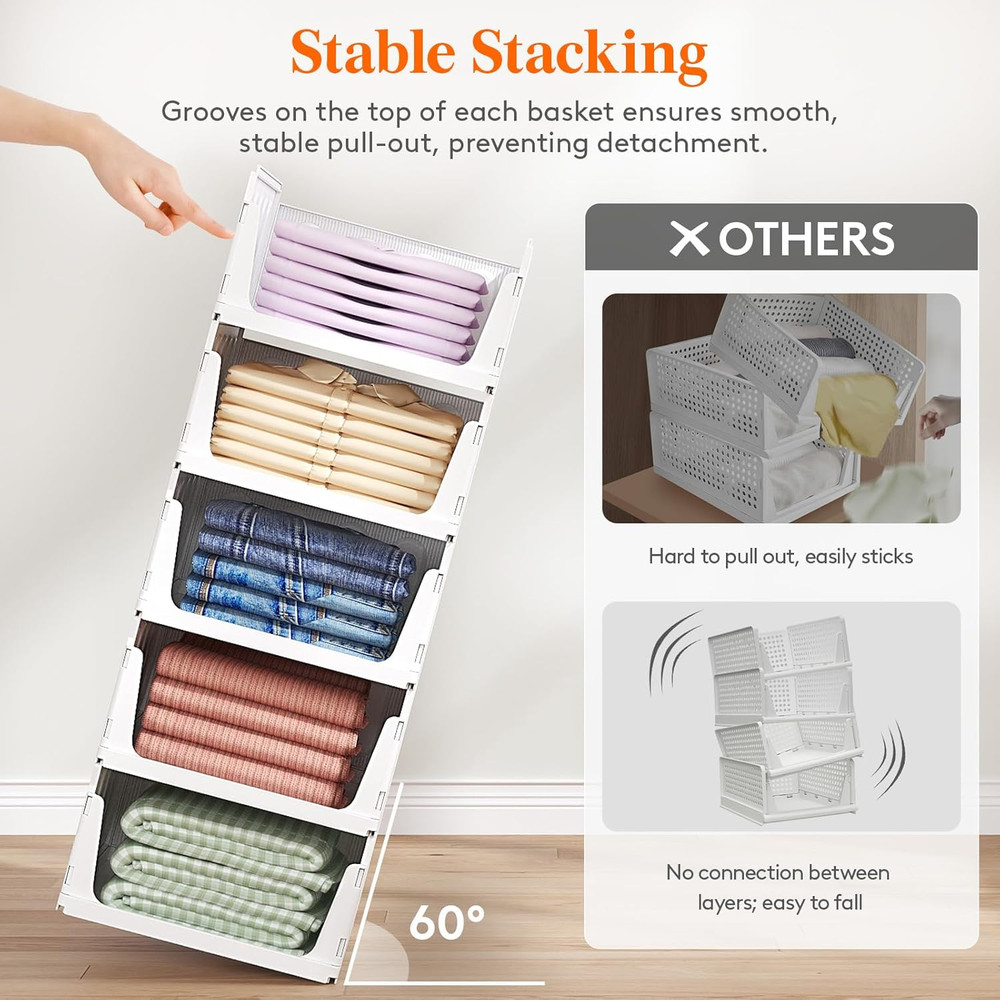 6 Pack Stackable Closet Organizers and Storage Basket for Clothes, Plastic Sweat