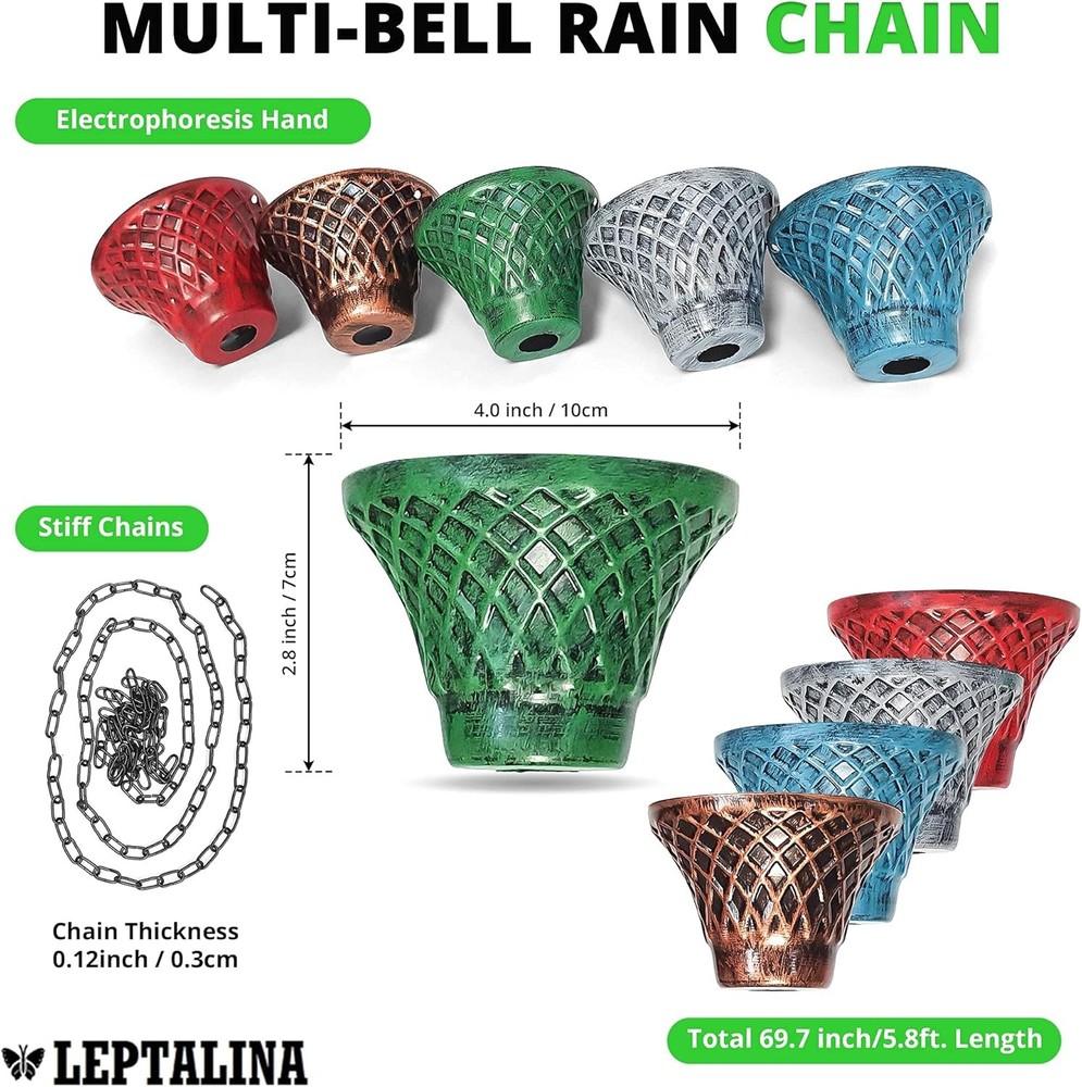 5.8FT Multicolor Iron Rain Chains Gutter & Rain Barrel Rust-Resistant Plated