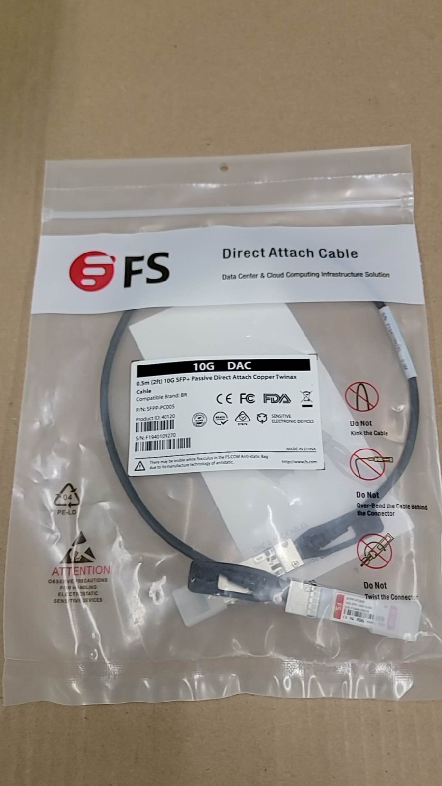 FS SFPP-PC005 0.5m (2ft) 10G SFP+ Passive Direct Attach Copper Twinax Cable NEW
