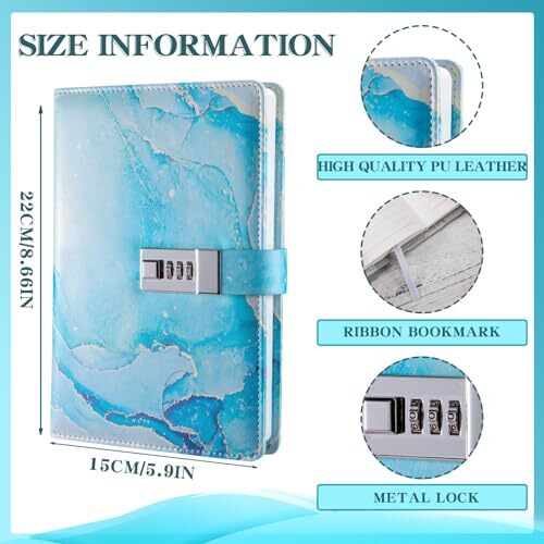 Diary with Lock, A5 Lockable Journal, PU Leather Combination Lock Sky Blue