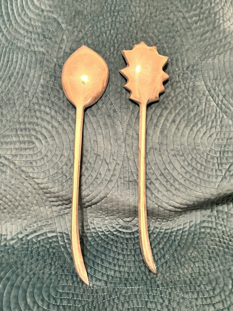 Leaf Shape Silver Tone Long Handled Salad Servers - Oak & Aspen Leaf Shape