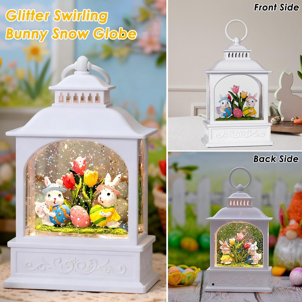Easter Bunny Snow Globe, Easter Eggs Spring Snow Globe 6H Timer Glitter Lante...