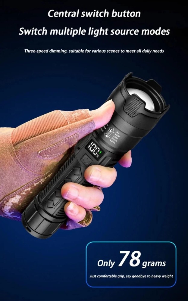 Led Flashlight With Display Light Type C USB Charging Built-in Battery