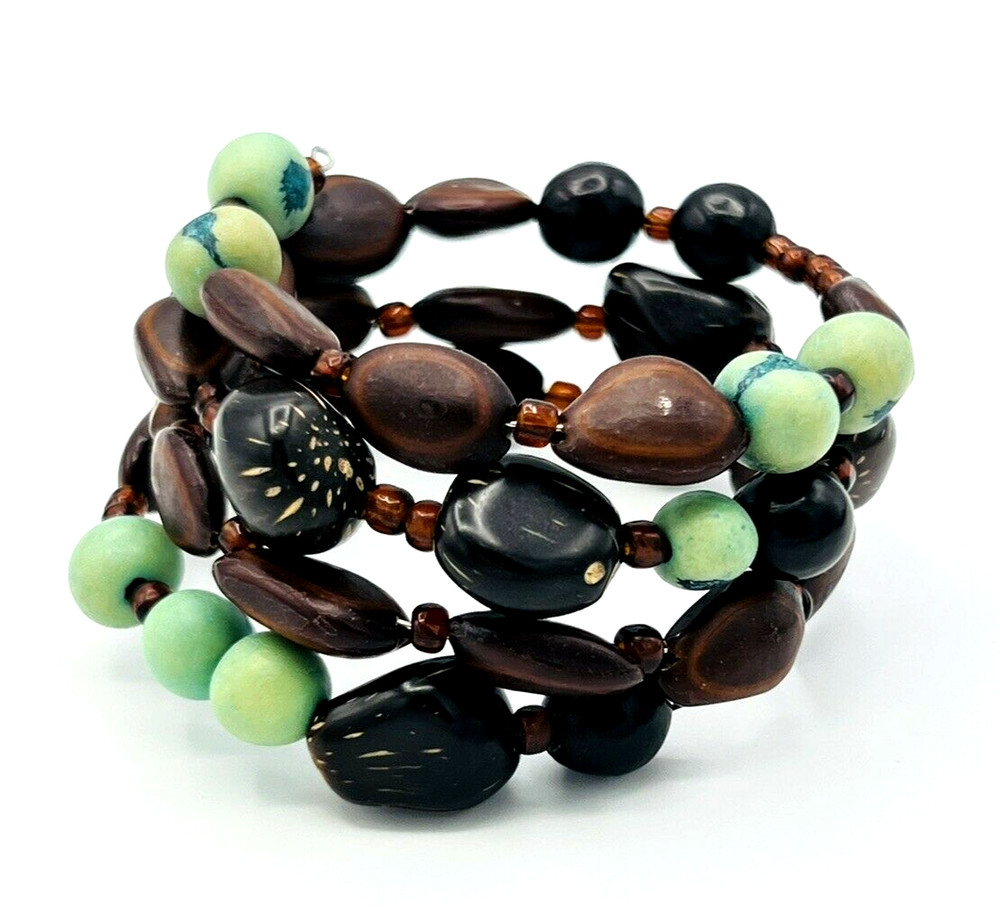 Artisan Nut Beads Memory Wire Wrap BOHO Bracelet