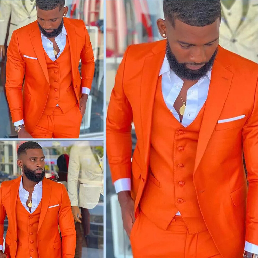 Orange Men Suits 3 Pieces Wedding Tuxedos Slim Fit Party Business Blazers Prom