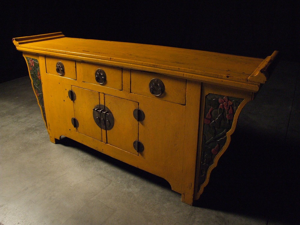 Antique Chinese Yellow Winged Sideboard Buffet Server