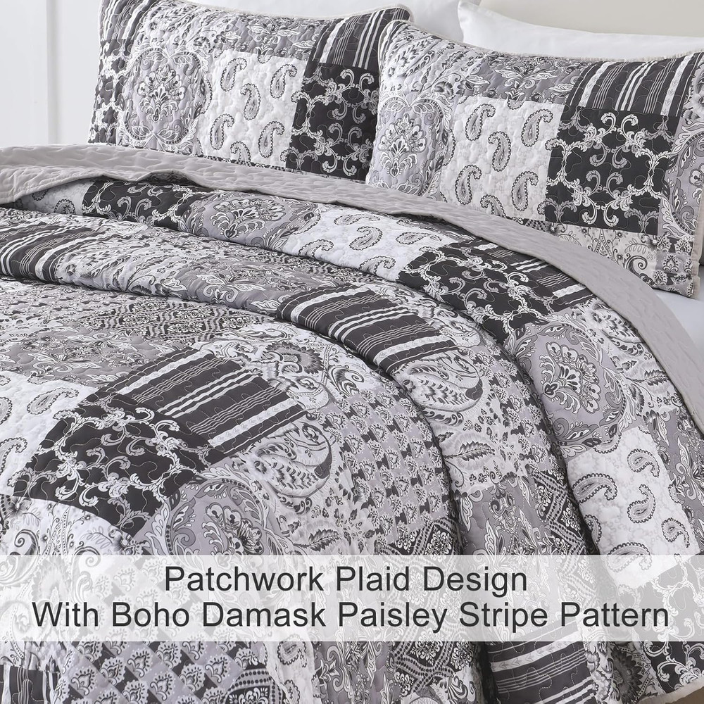 King Size Grey Quilt Set Patchwork Plaid Boho Bedding 3 Piece Bedspread Set