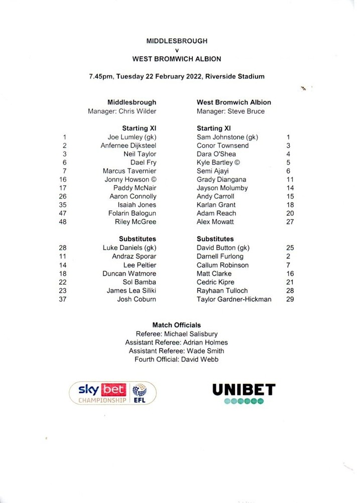 Team Sheet - Middlesbrough v West Brom 22.2.2022