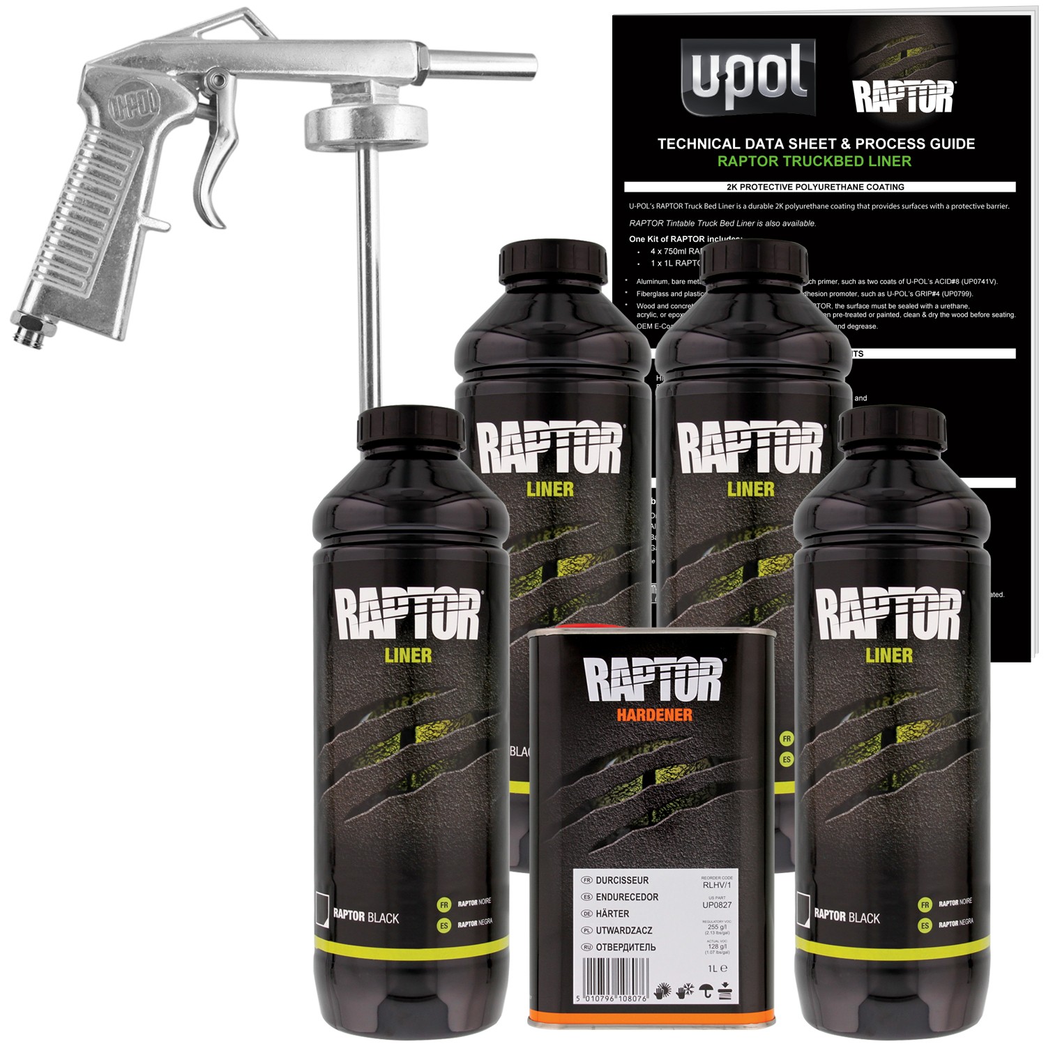 U-POL Raptor Black Urethane Spray-On Truck Bed Liner Spray Gun, 4 Quarts