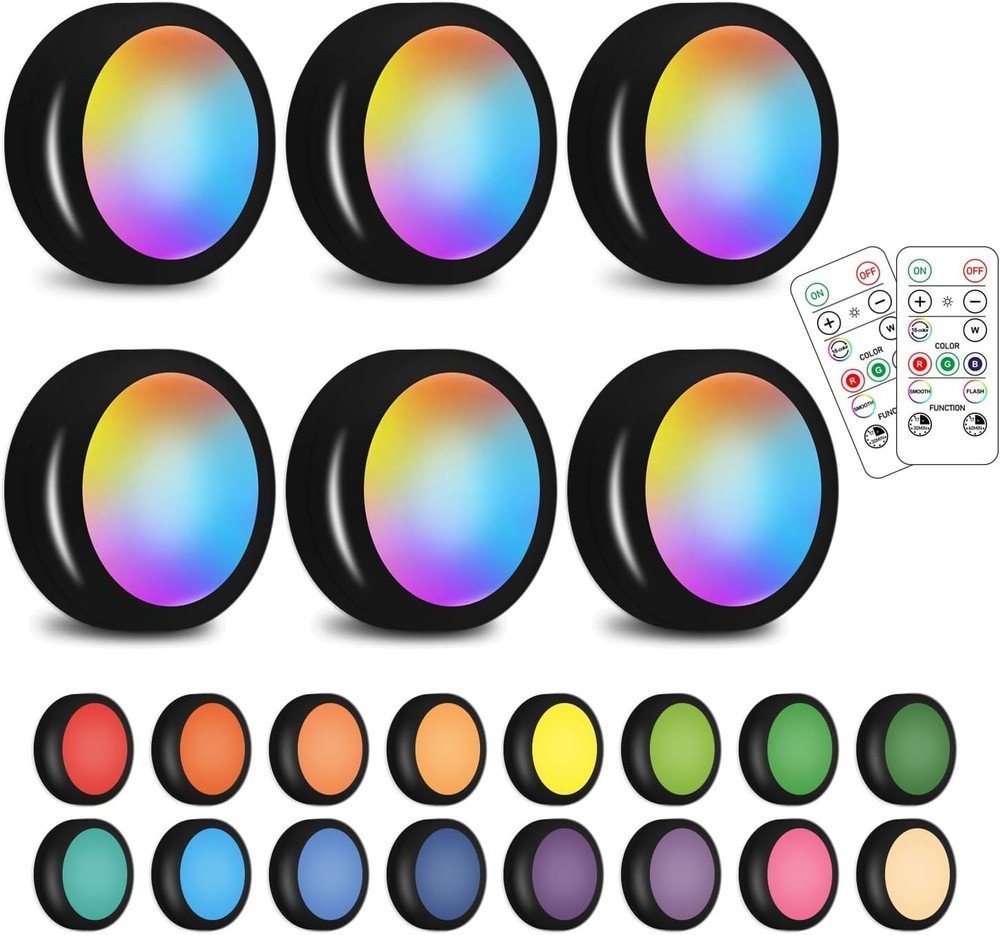 Multicolor LED Puck Lights - 6 Pack with Dimmable Functions & Adhesive Mounting