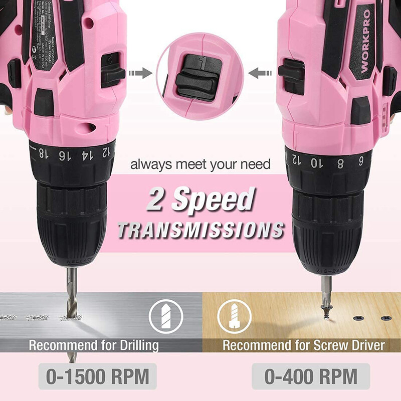 WORKPRO Pink Cordless Drill Driver Set 12V Screwdriver Driver 3/8" Keyless Chuck