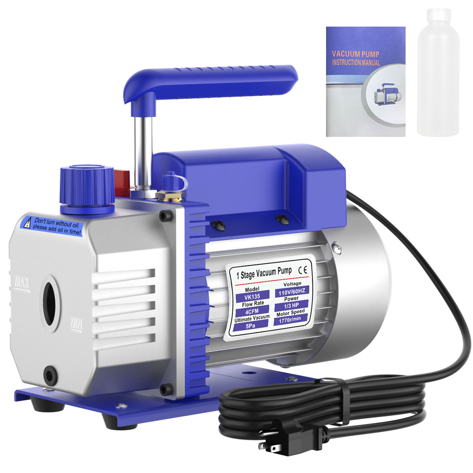 4 CFM 1/3HP Air Vacuum Pump HVAC Manifold Gauge Set AC A/C Refrigeration Kit US