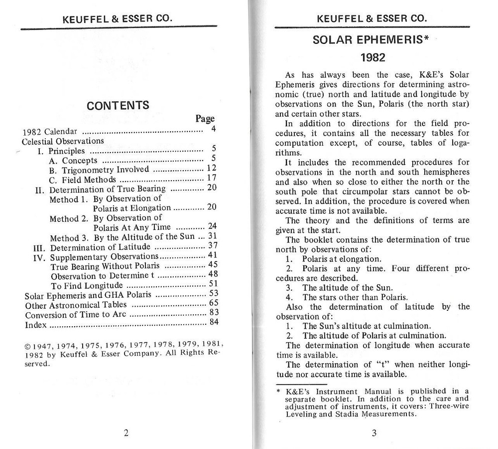 1982 KEUFFEL & ESSER SOLAR EPHEMERIS