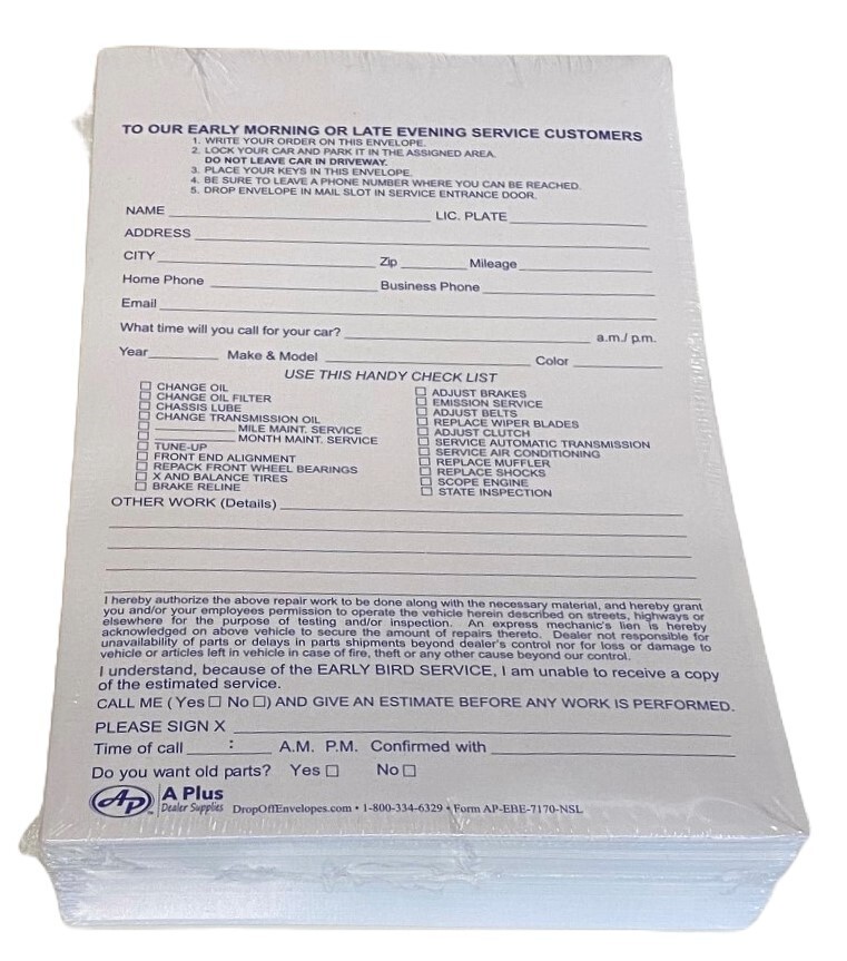 Night Drop Envelopes for Auto Service • EBE-7170-NSL • Qty 500 • (T6)
