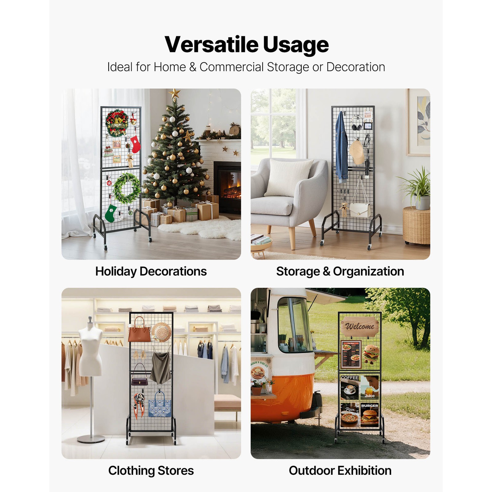 Uimoso Grid Wall Panel 1.9 x 5.4 ft Wire Display Rack with Wheels and 10 Hooks