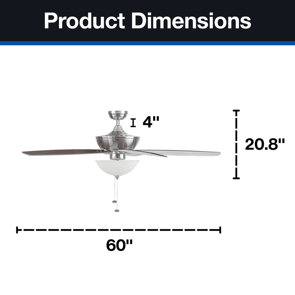 60" Black Ceiling Fan with Light, 5 Blades, Reverse Airflow, Pull Chain Control