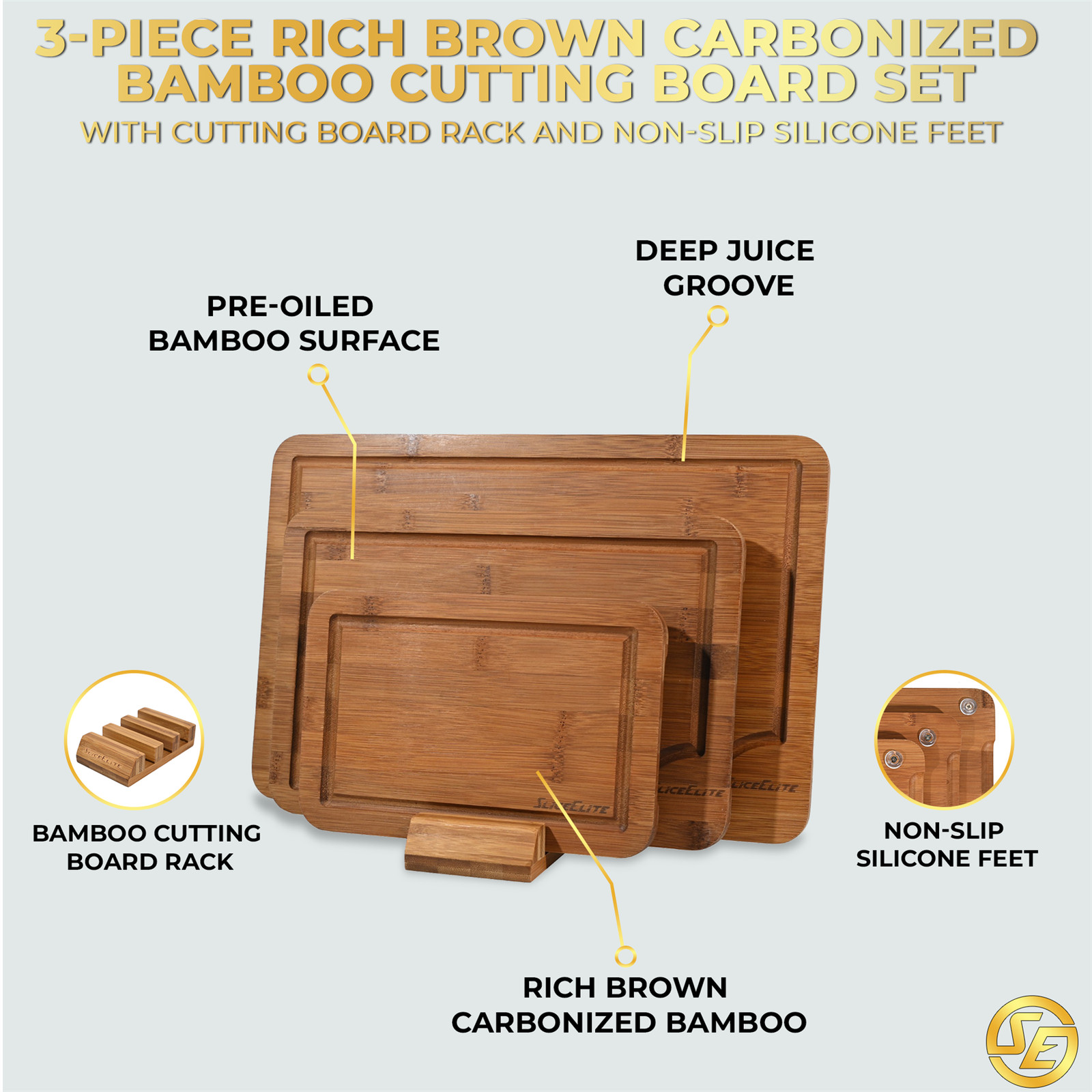 SliceElite Rich Brown Carbonized Bamboo Cutting Board Set 3 Piece with Stand
