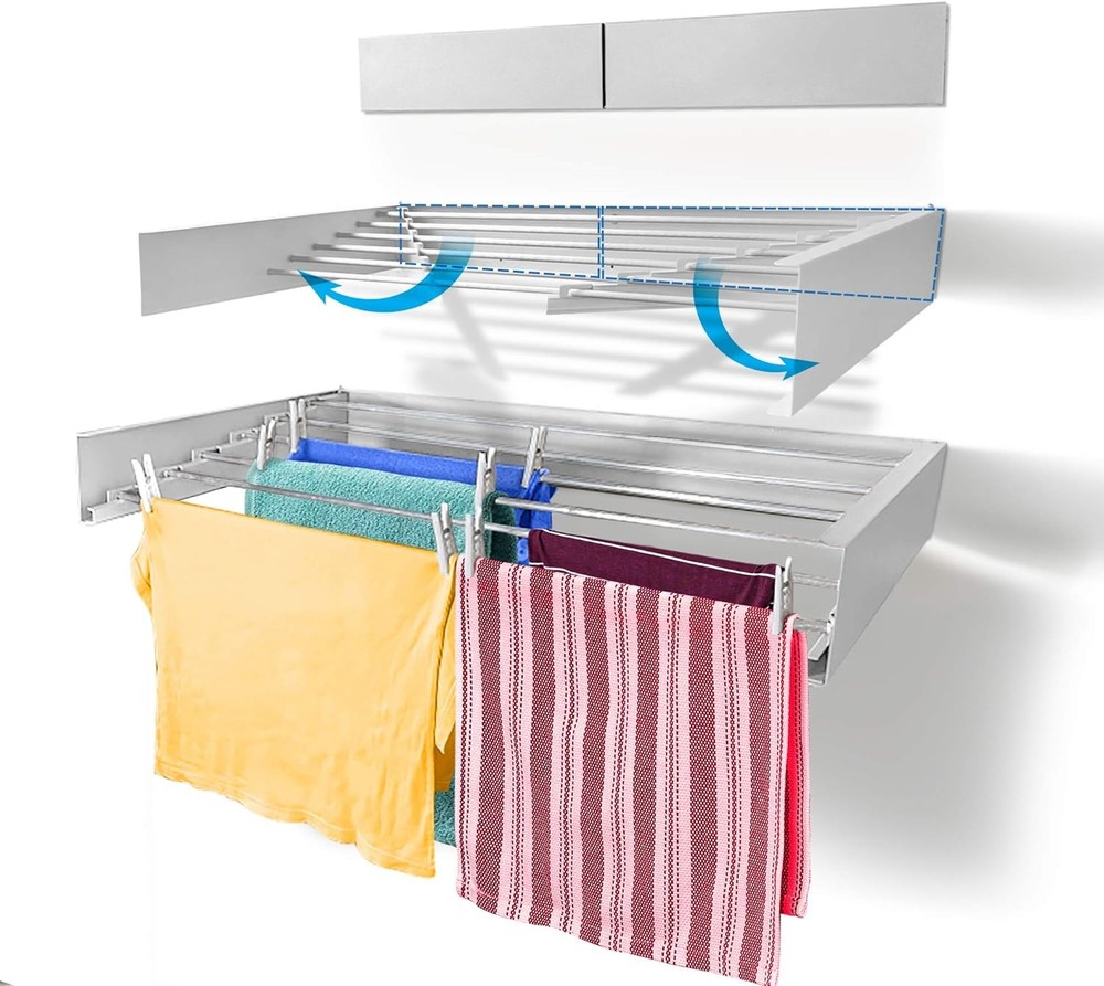 Step Up Laundry Drying Rack, Wall Mounted, Retractable 40" Wide, White