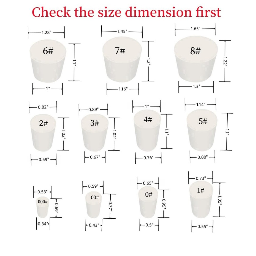 26 Pack Solid Rubber Stopper, White Lab Plug, 000# - 8# Sizes Assortment, 11 ...