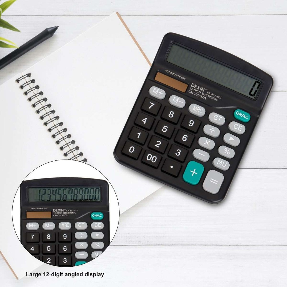 Large 12-Digit Desktop Calculator Dual Power Big Button Black