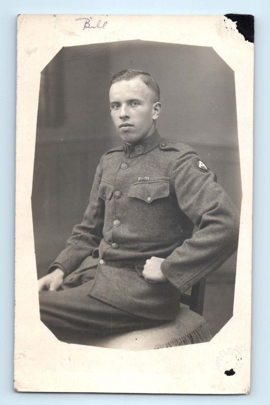 WWI Soldier Army Patch Infantry Collar Disk Real Photo Postcard RPPC