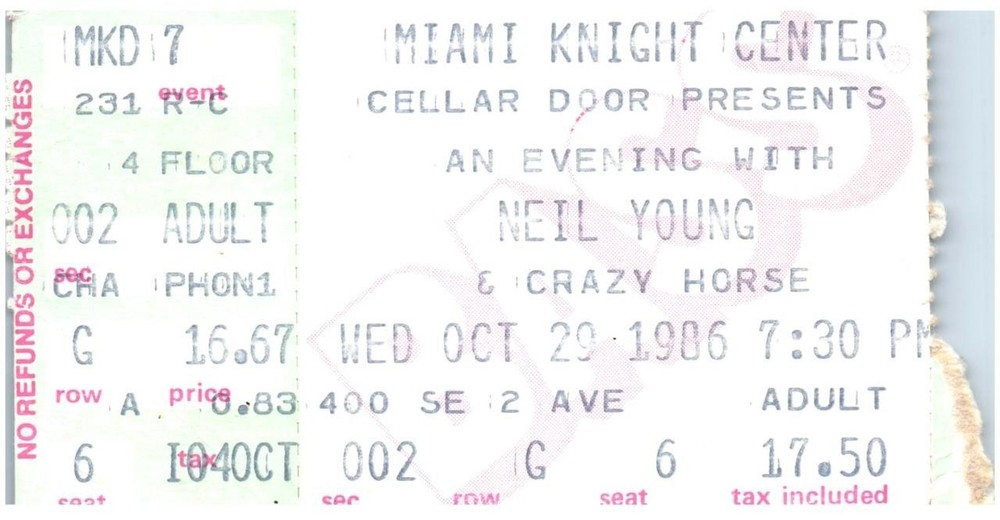 Neil Young Crazy Horse Concert Ticket Stub Miami FL 1986 Landing On Water