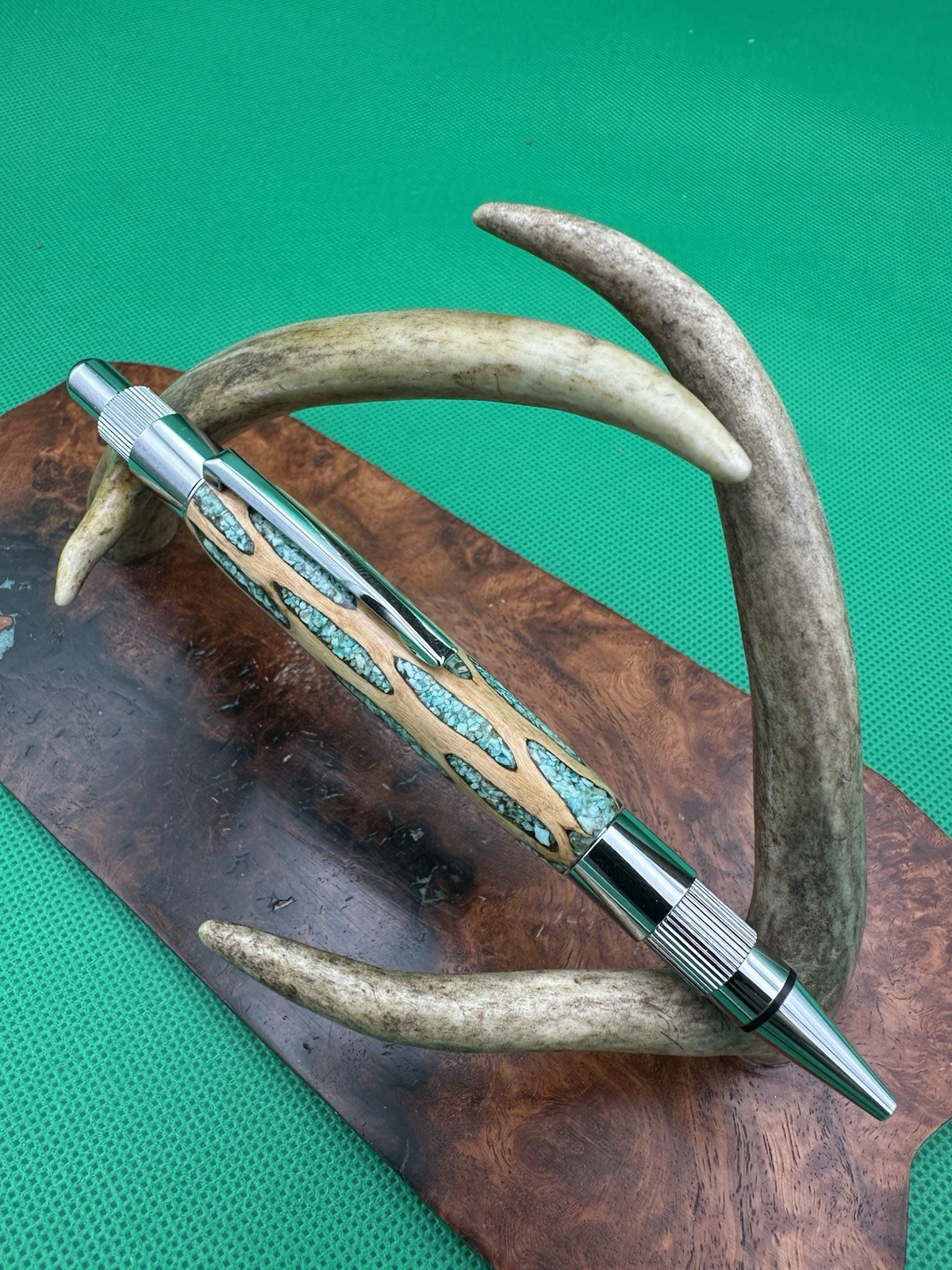 Hand Turned Mechanical Stratus Pencil With Cholla Cactus Inlaid Turquoise Chrome