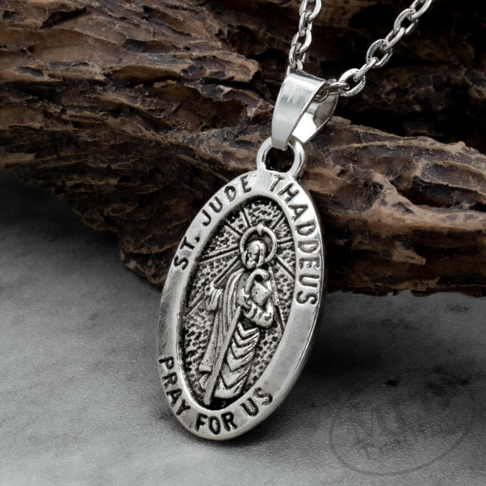 Saint St Jude Thaddeus Pray For Us Oval Silver Medal Pendant Necklace 18" Chain