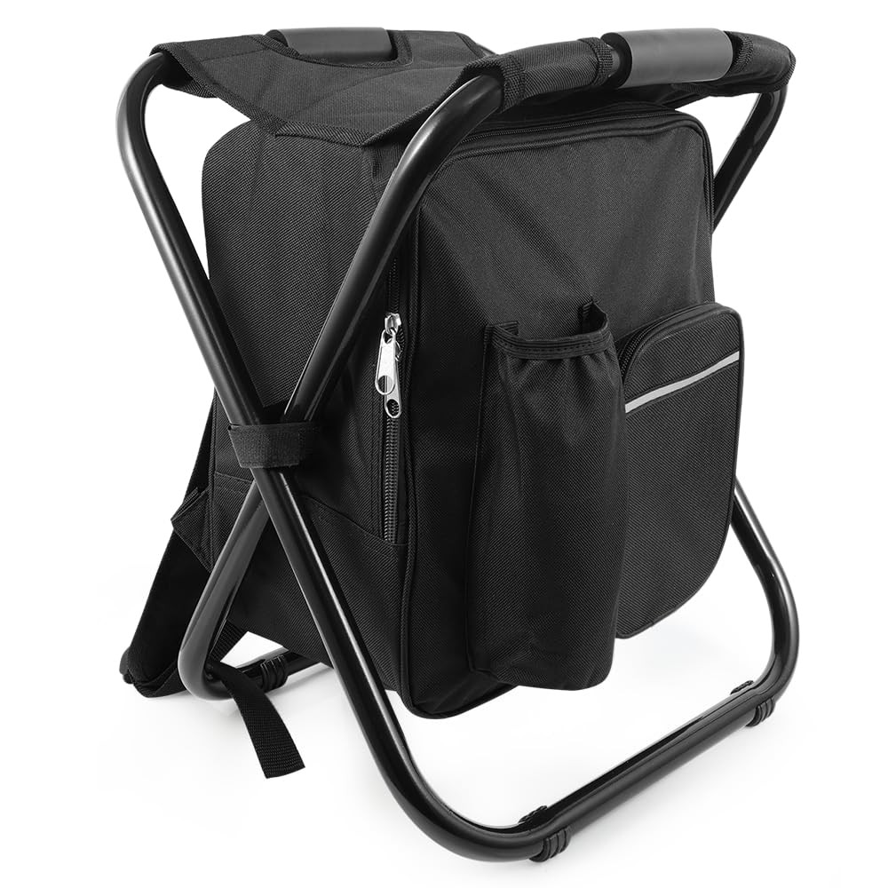Portable Folding Backpack Stool with Cooler Compartment, Black