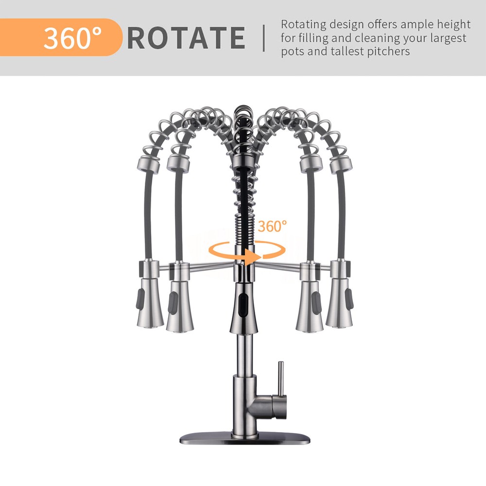 Pull Down Kitchen Sink Faucet Swivel Single Handle with Deck Plate Brushed