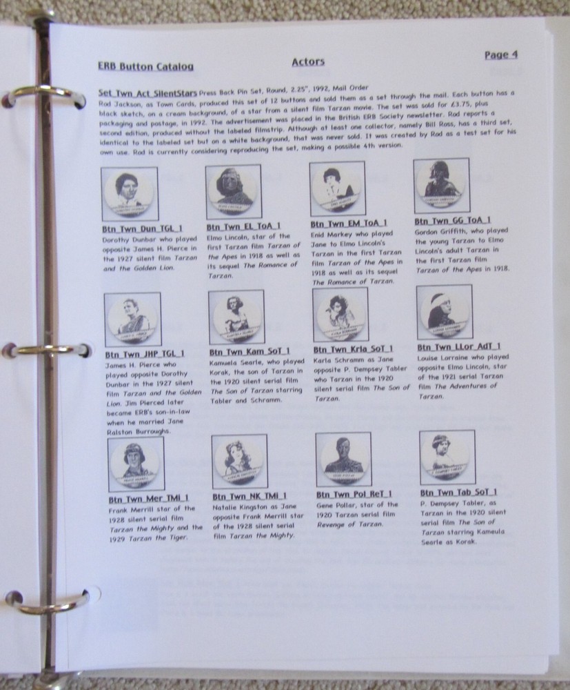 EDGAR RICE BURROUGHS BUTTON CATALOG+34 CON~PINS~PINBACKS~TARZAN~JOHN CARTER