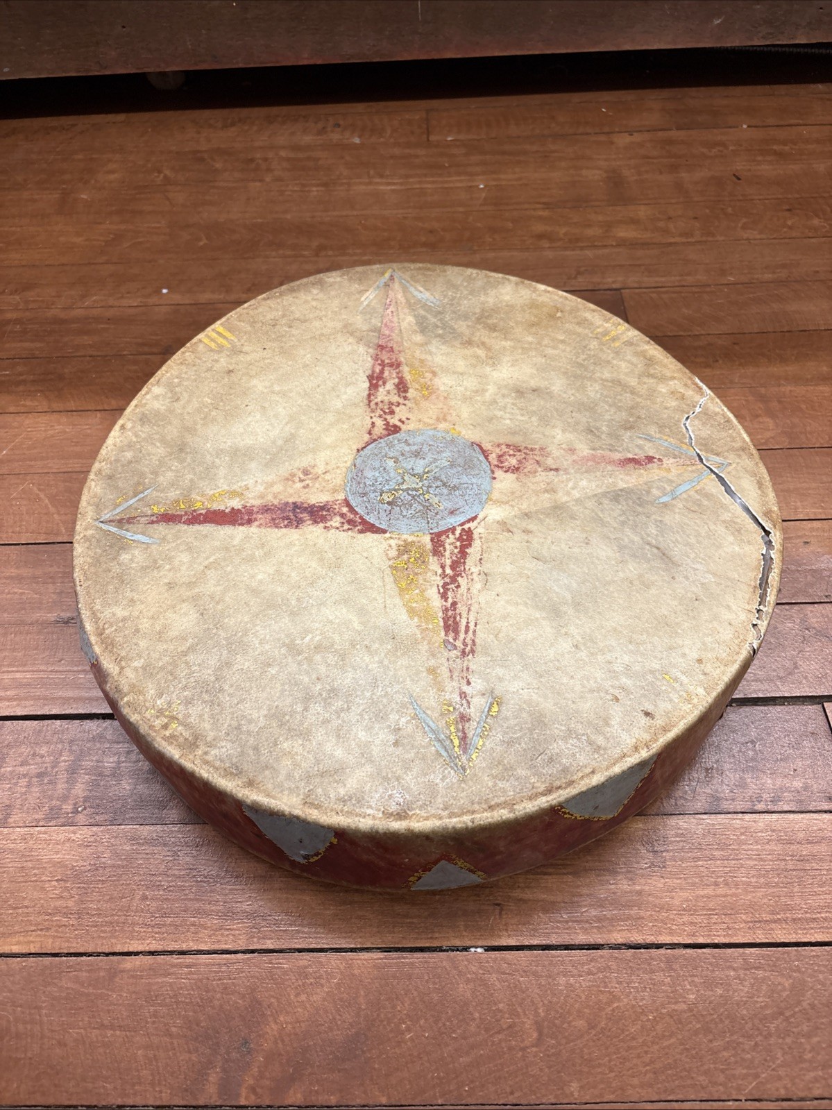 Antique Native American Plains Painted Drum Pictorial Morning Star Painted Drum
