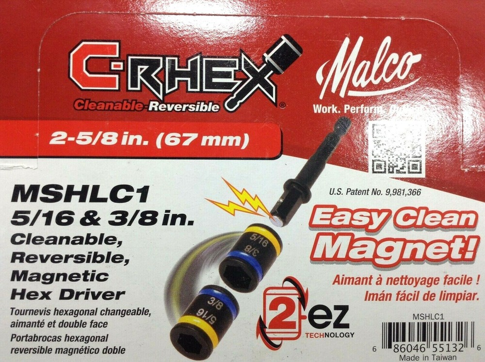 5/16 - 3/8 Malco Dual-Sided Reversible Hex Chuck Nut Driver Easy Clean Magnet