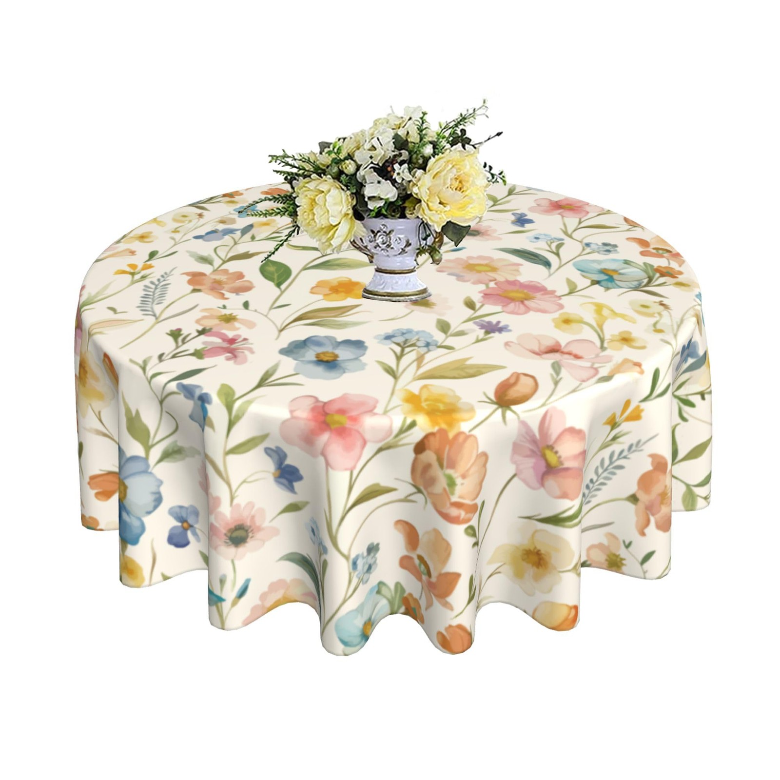 Spring Round Tablecloth 60 Inch Watercolor Flowers Table Anti-Wrinkle Waterpr...