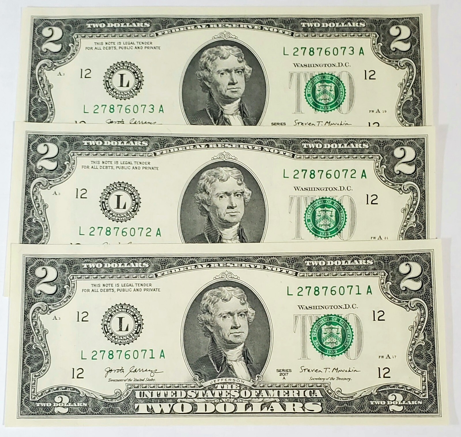 3 Two Dollar Bills Crisp Notes Uncirculated/Consecutive 2017A ** Lowest on Site!