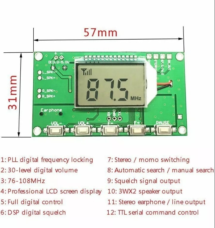76-108MHz FM Digital Receive Module DSP PLL Wireless Stereo Microphone Module