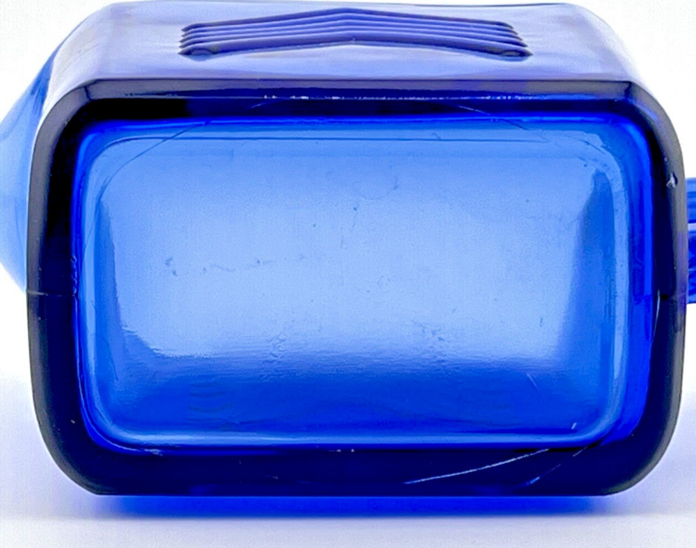 Vintage Cobalt Blue Glass Rectangular Cup with Handle Chevron Design MINT